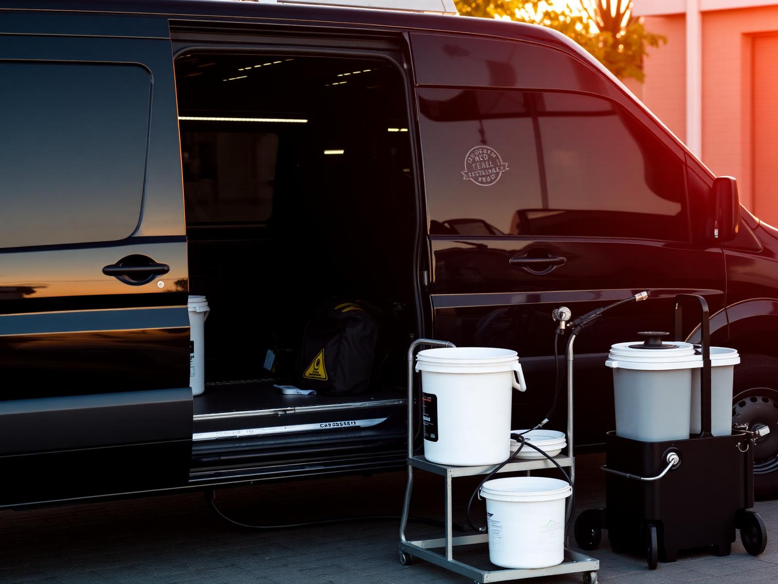 Whips Washing mobile detailing van with equipment at golden hour