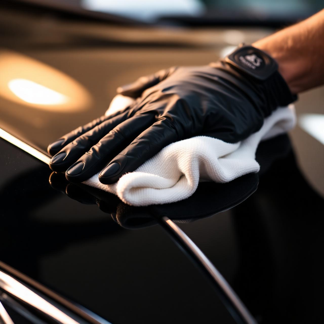 Gloved hand wiping paint with microfiber