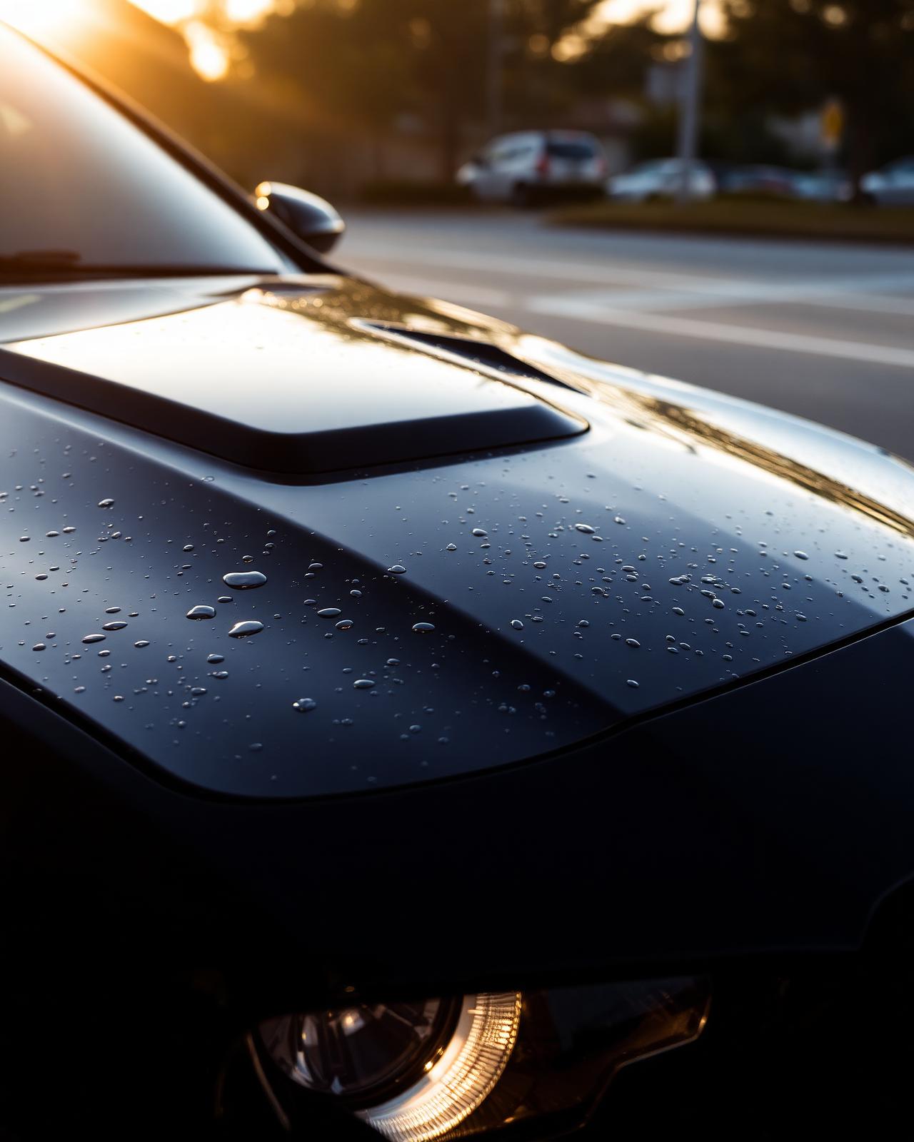 Black sedan with water beading at golden hour